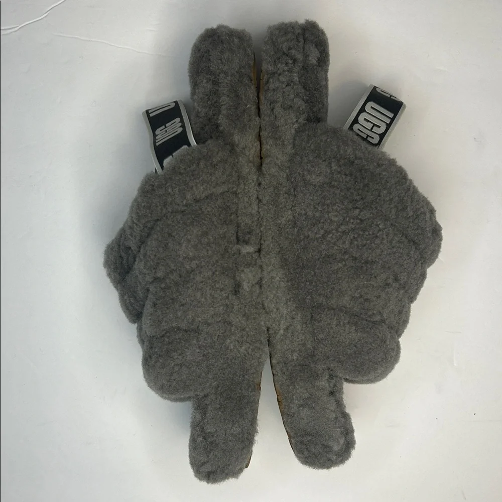 UGG Kids Charcoal Gray Fluff Yeah Elastic Strap Sheepskin Slides, 4